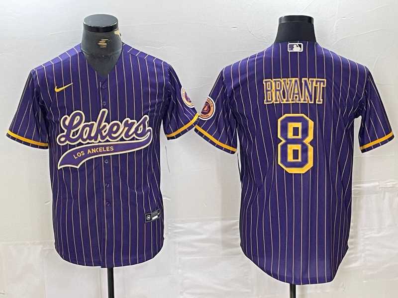 Mens Los Angeles Lakers #8 Kobe Bryant Purple Pinstripe Cool Base Stitched Baseball Jersey